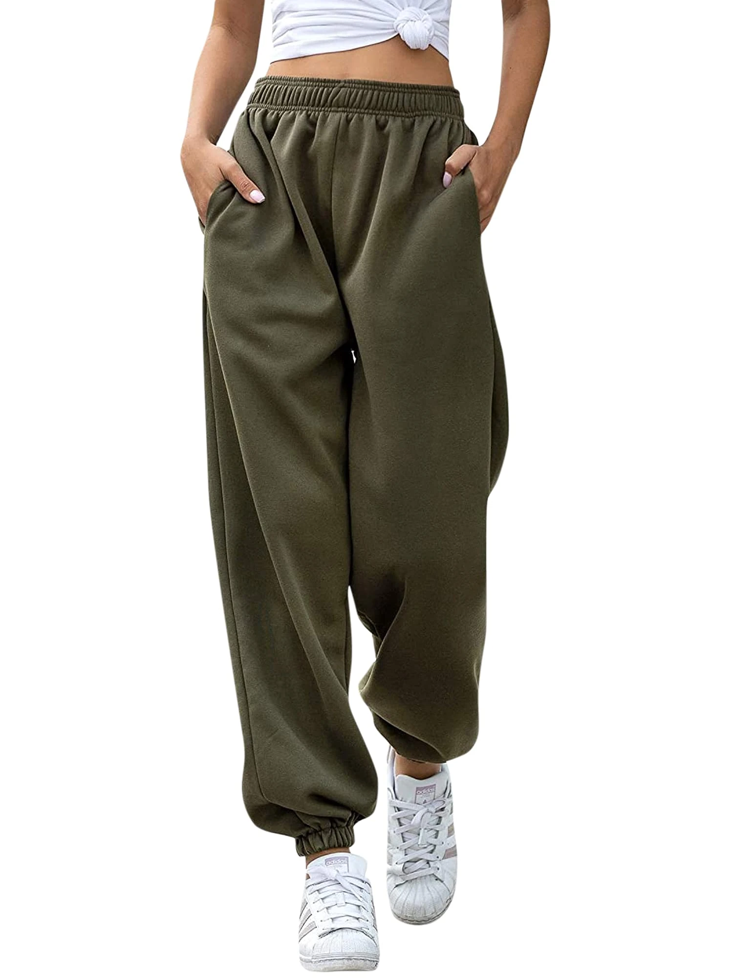 Love My Fashions Women's Plain Gym Sport Jogger Sweatpants & Winters Joggers Pockets Pants and Baggy Elastic Waist Trousers for Casual Hip Hop, Gym and Jogging Khaki
