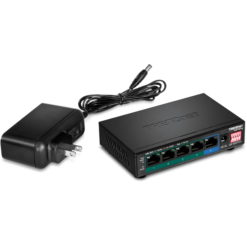 TRENDnet TPE-TG51G 5-Port Gigabit PoE+ Switch, Camera DIP Switch extends PoE+ 200m (656 ft.), 60W PoE Budget, Black