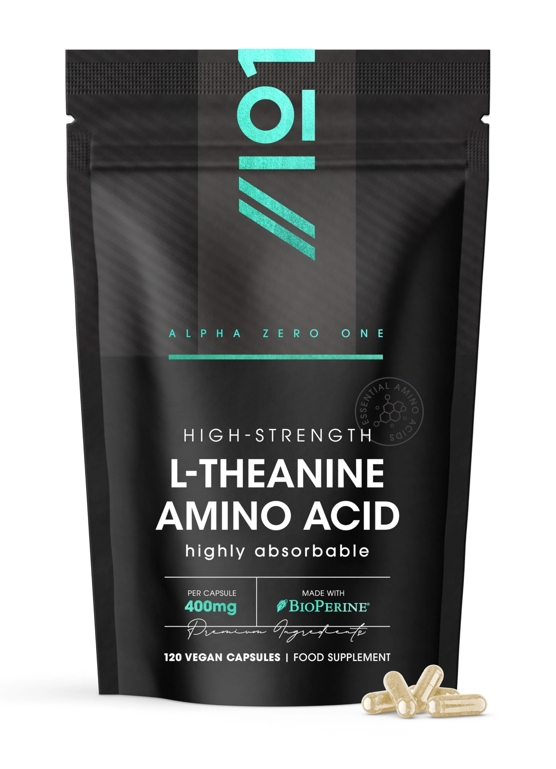 L-Theanine 400mg with BioPerine - 120 Vegan Capsules - Highly Bioavailable - Resealable and Recyclable Pouch - 6 Months Supply by Alpha01