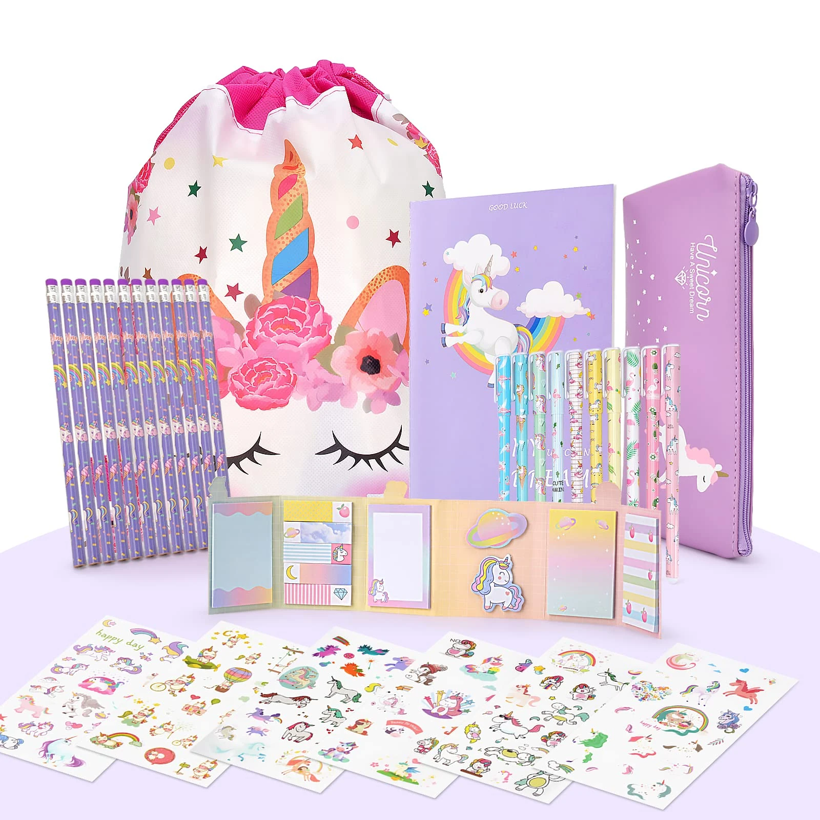 Maomaoyu Cute Unicorn Presents for Girls, Pencil Case with 12 Colorful Pencils and Unicorn Aesthetic Stickers, Stationery Sets for Teenage Girls, Purple