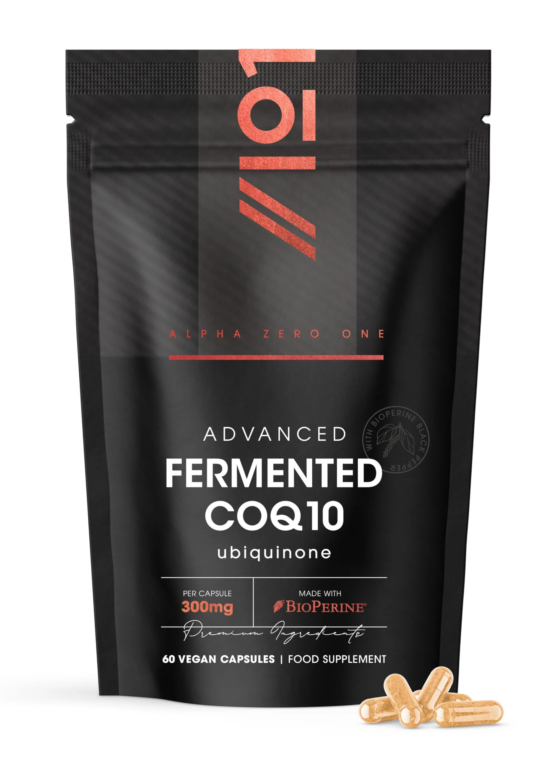Fermented CoQ10 300mg with BioPerine – USP Grade Ubiquinone – Naturally Fermented Co Enzyme Q10 – 60 Vegan Capsules (2 Months Supply) by Alpha01