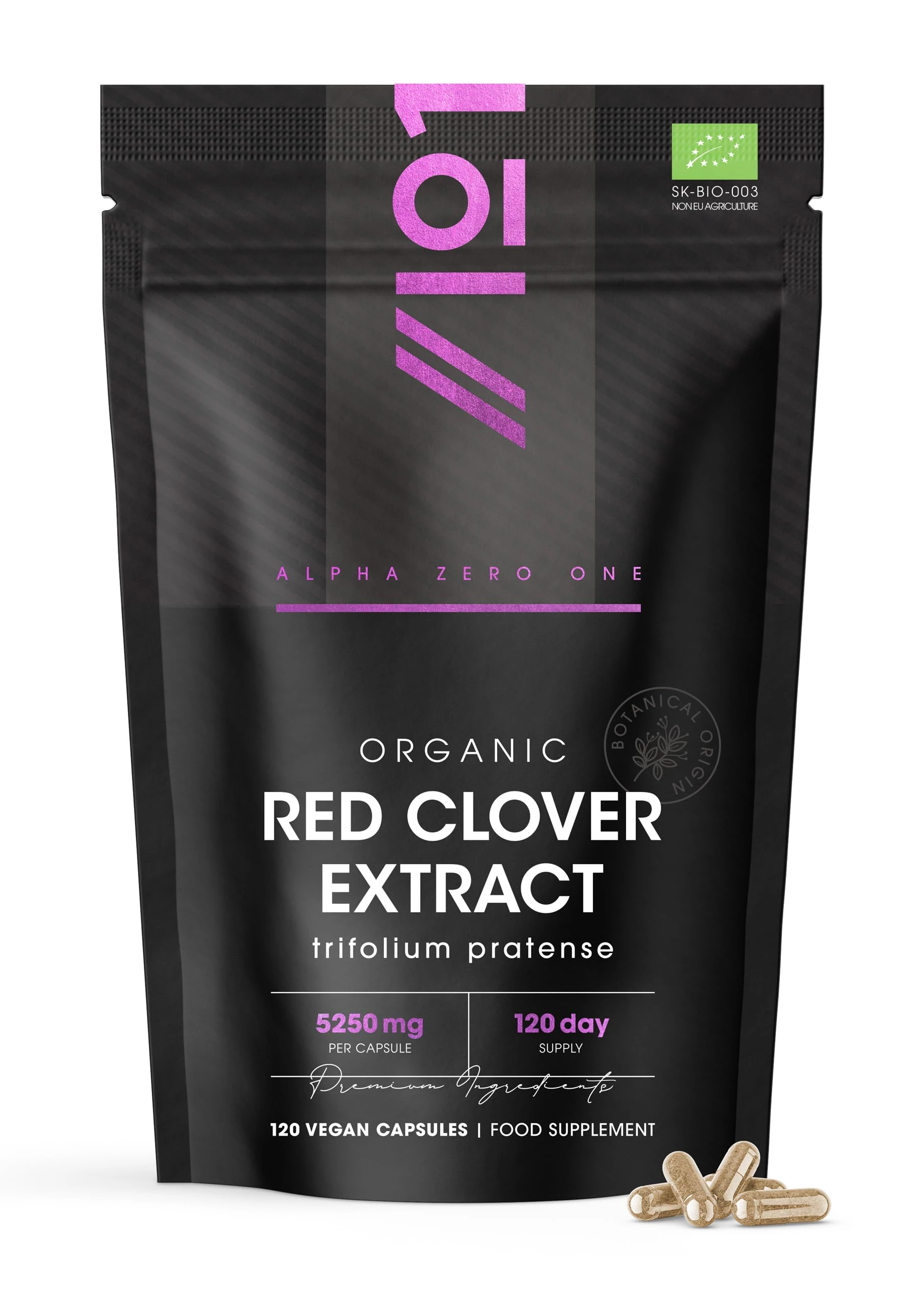 Organic Red Clover Extract 5250mg - for Use During The Menopause - 120 Vegan Capsules – Resealable and Recyclable Pouch by Alpha01