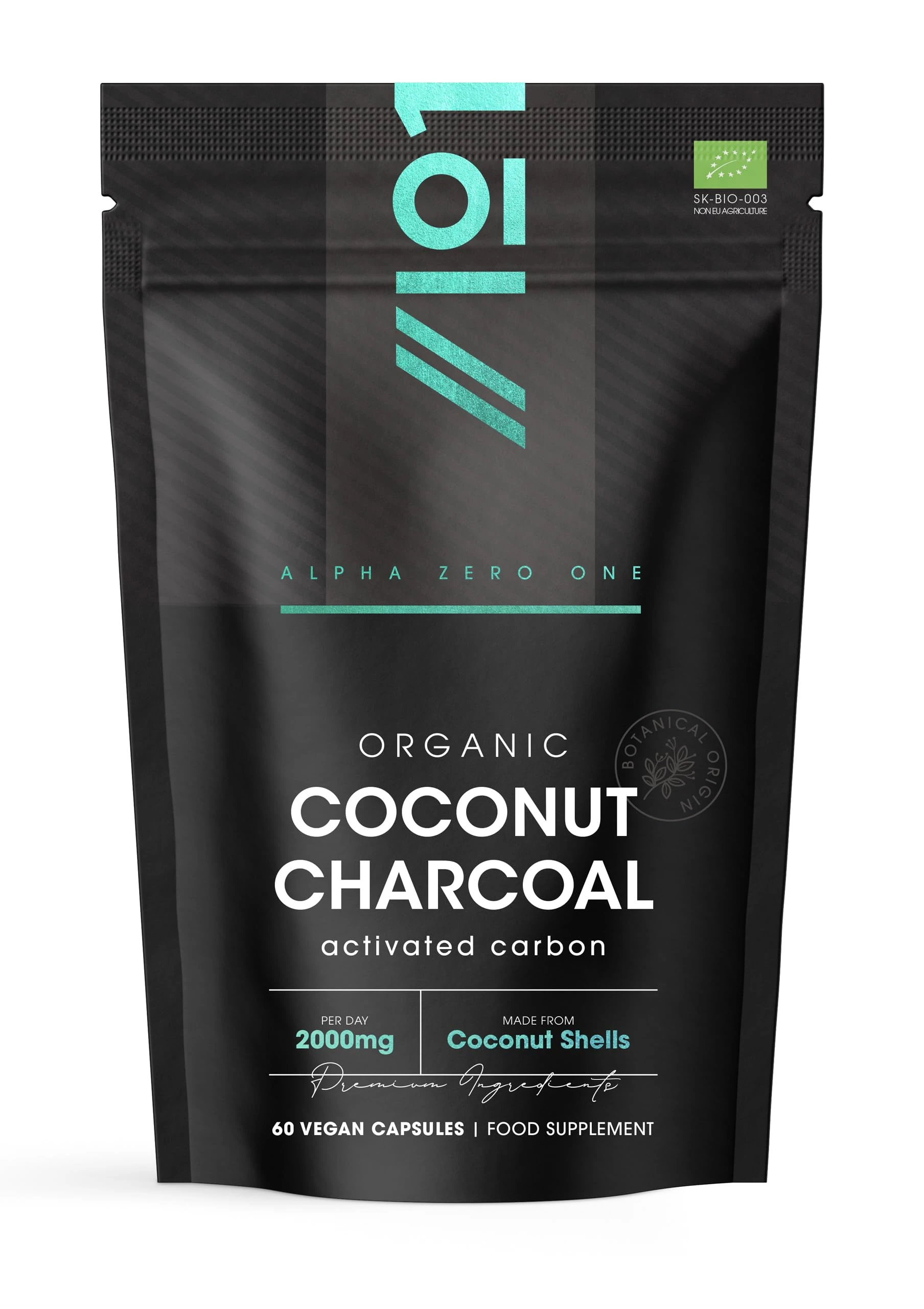 Organic Activated Coconut Charcoal 2000mg - 60 Capsules - from Thai Coconut Shells - Bloating & Gas, Digestion & Flatulence Natural Relief – Resealable and Recyclable Pouch by Alpha01