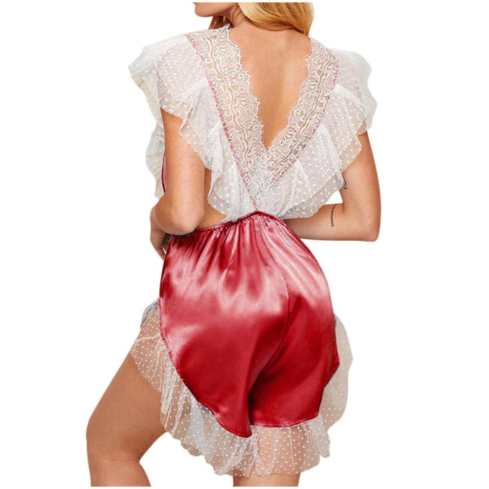 Lace Bodysuit for Women Erotic Womens Lingerie V-Neck Satin Lacey Nightdress Bodysuit Porno Backless Sleepwear Baby Underwear Pajamas-Red_XXL