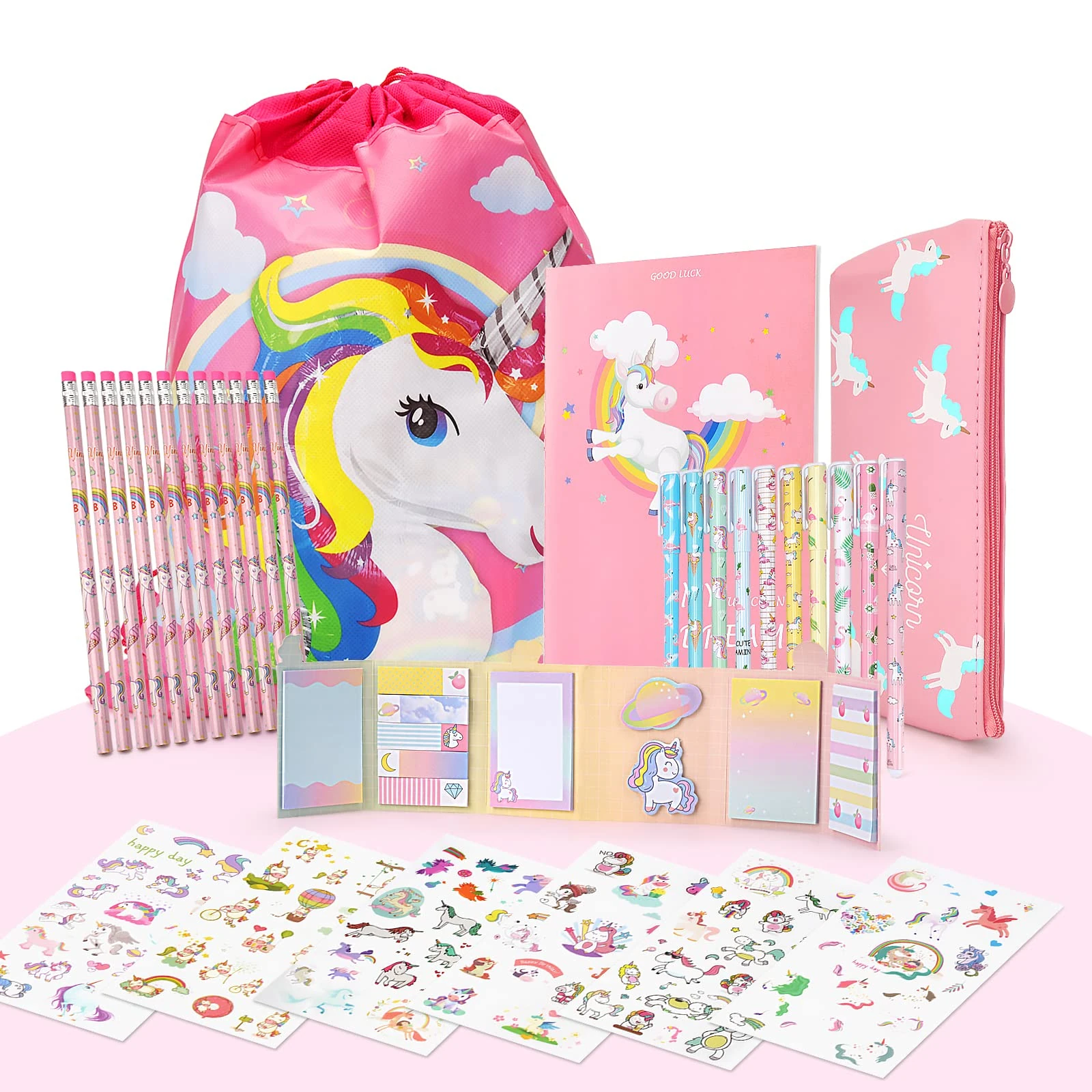 Maomaoyu Cute Unicorn Presents for Girls, Pencil Case with 12 Colorful Pencils and Unicorn Aesthetic Stickers, Stationery Sets for Teenage Girls, Pink