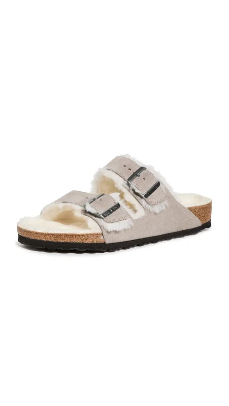 Birkenstock Arizona Sandal - Stone Suede, Shearling Lining, Size 38 EU
