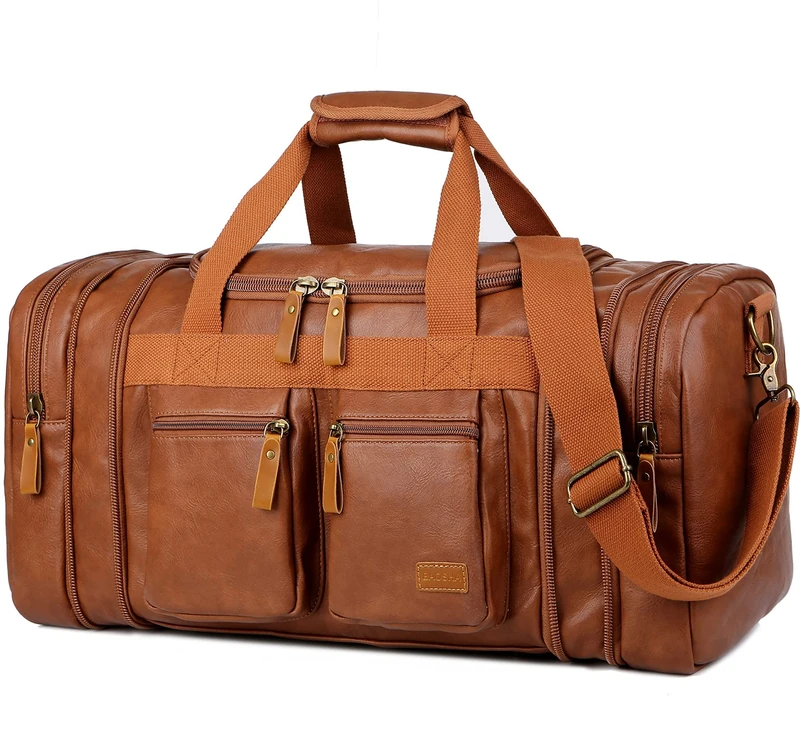 Leather Travel Duffel Weekender Bag Carry on Overnight Bag Sports Duffel Bag for Men and Women HB-21, Brown