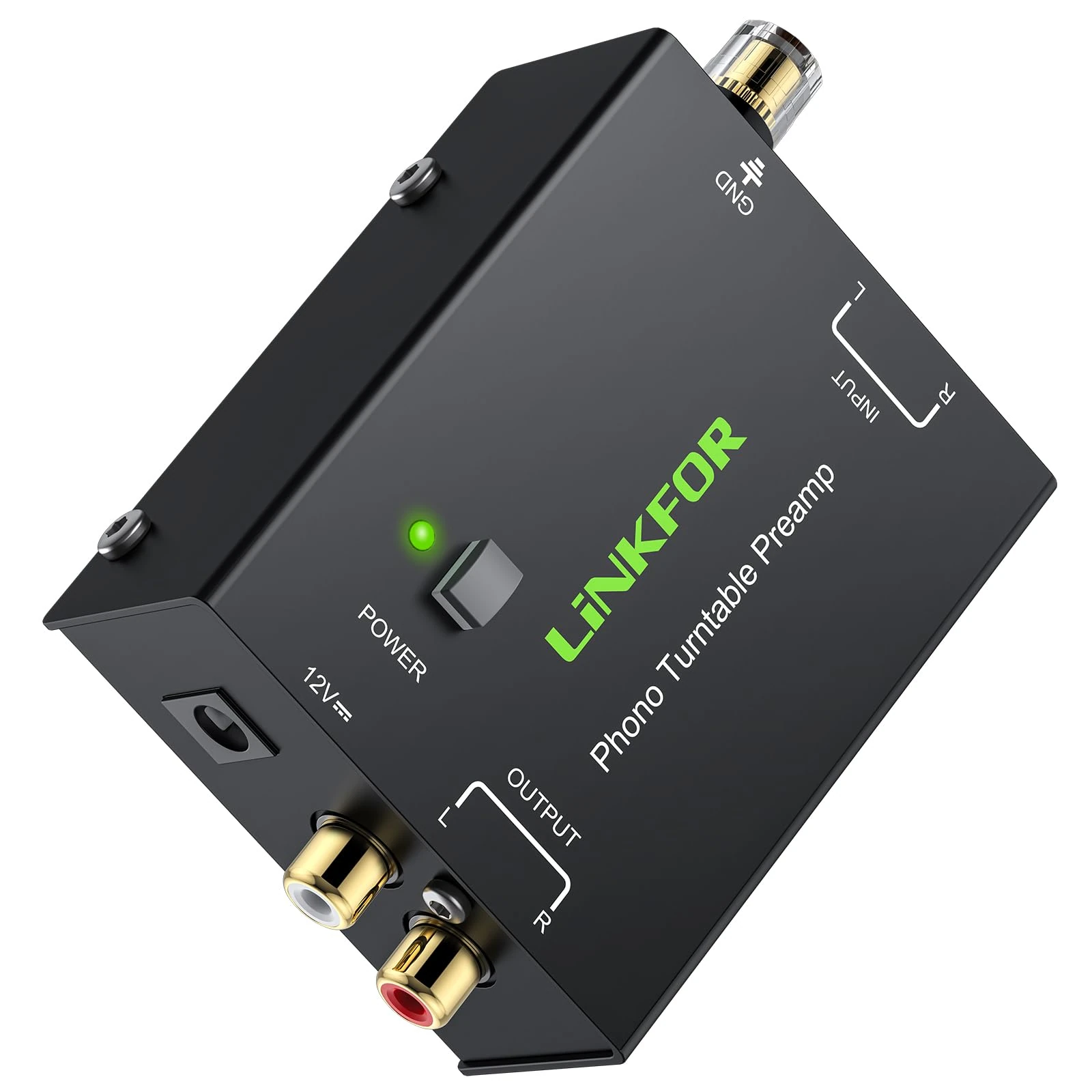 LiNKFOR Phono Preamp Preamplifier for Turntables - RCA Input & Output, Low-Noise Circuit, Metal Shell, with Power Switch, Includes 12V/1A Power Adapter