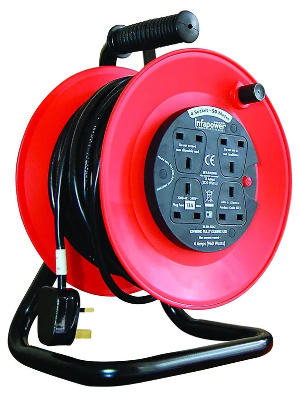 50 Meter Extension Cable/Lead Heavy Duty Reel, 4 Socket, 13 Amp – Red