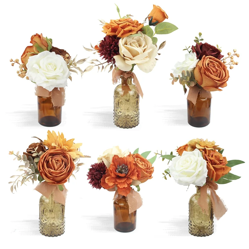 Rinlong 6Pcs Assorted Flower Centerpieces for Wedding Fall Tables Centerpiece Burnt Orange Bridesmaid Bouquets Baby Nursery Shelf Mantel Decor