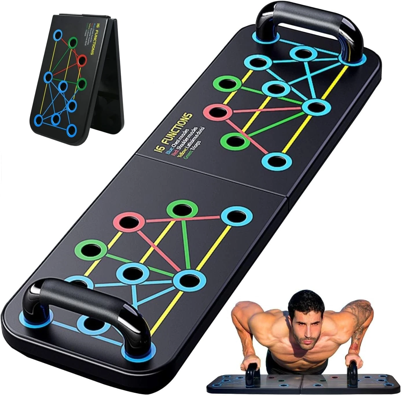 flintronic 16 in 1 Push Up Board, Multifunctional Foldable Push-Up Rack Board with Fitness Bands, Color Coded Push Up Stands, for Indoor, Gymnasium, Outdoor Muscle Training