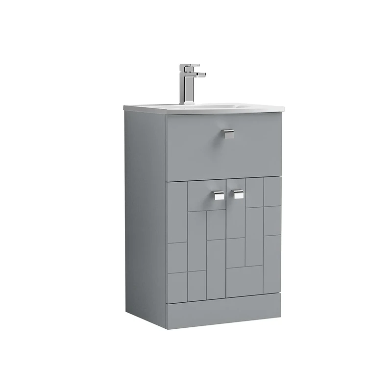 nuie BLO204G Blocks Modern Bathroom Floor Standing 2 Door 1 Drawer Vanity Unit with Curved Ceramic Basin with 30mm Profile, 500mm, Satin Grey