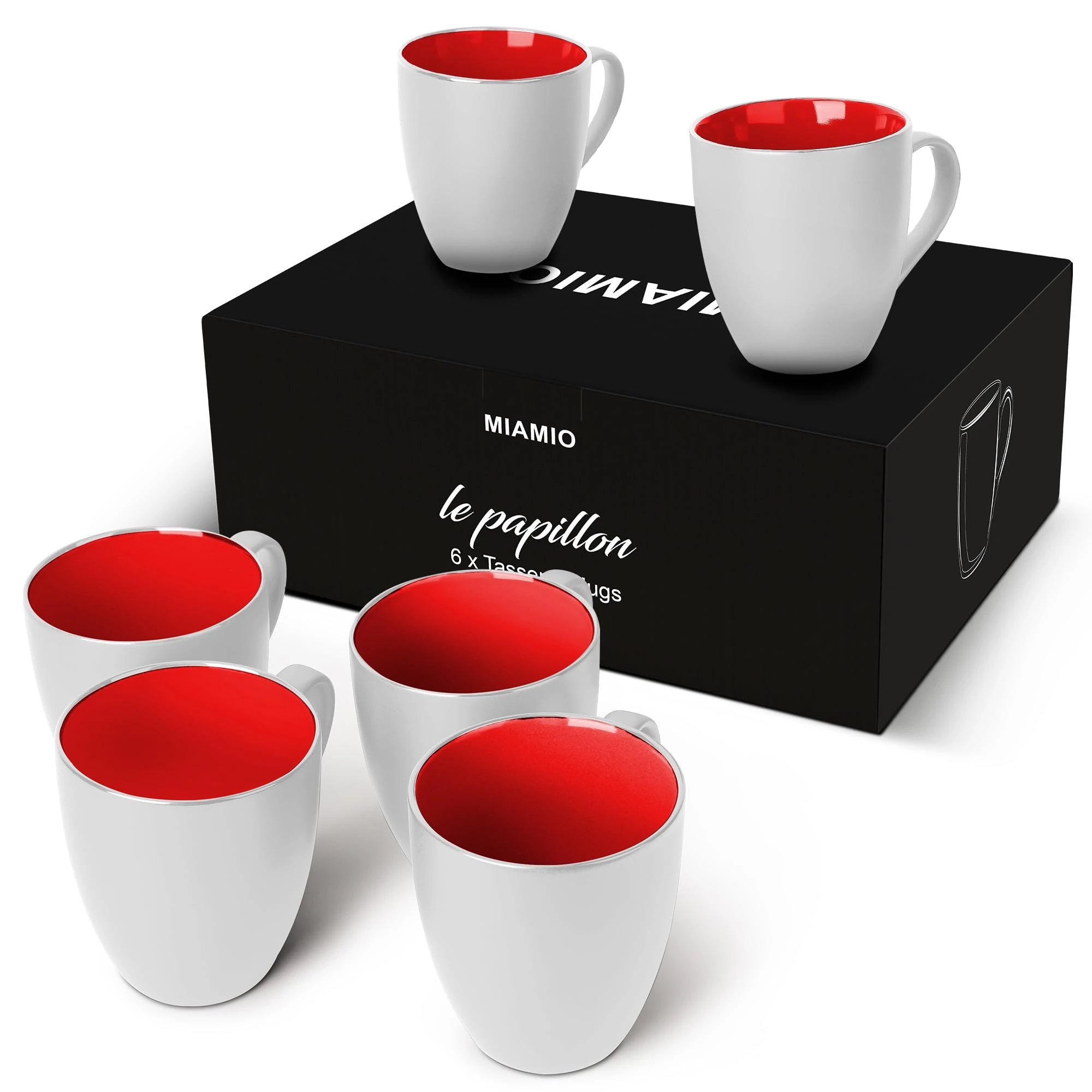 MIAMIO - 6 x 350 ml Stoneware Coffee Mug/Cup Set - Le Papillon Collection (Green) (White-Red)