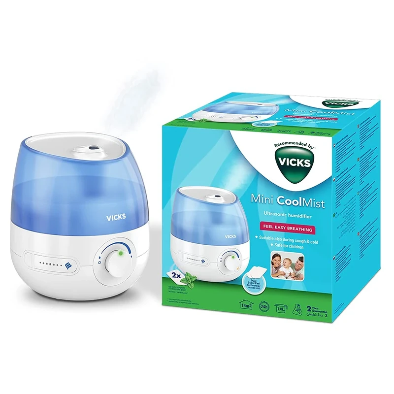 Vicks Mini Cool Mist Ultrasonic Air Humidifier, 1.8L Tank, for Bedrooms, Offices, Baby Rooms up to 15m², Quiet, Essential Oil Tablets Included - VUL525