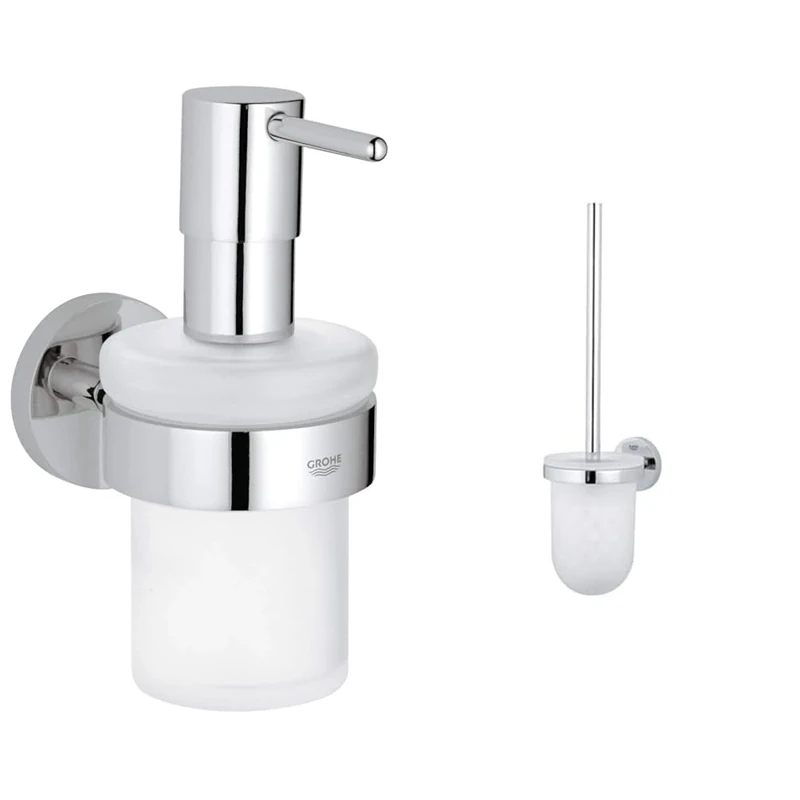 GROHE 40448001 Essentials Soap Dispenser with Silver Holder + GROHE 40374001 Essentials Toilet Brush Holder Silver