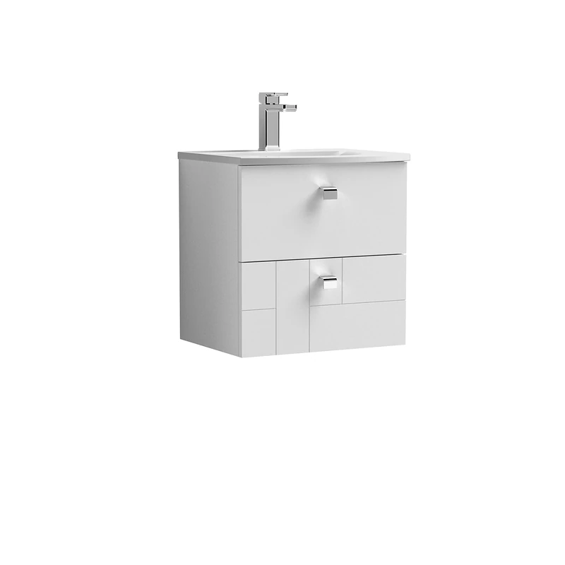 nuie BLO105G Blocks Modern Bathroom Wall Hung 2 Drawer Vanity Unit with Curved Ceramic Basin with 30mm Profile, 500mm, Satin White