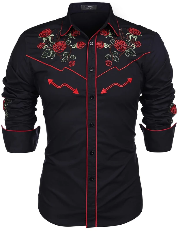 COOFANDY Men's Western Cowboy Shirt Embroidered Long Sleeve Cotton Casual Button Down Shirt, Black (Rose), XL