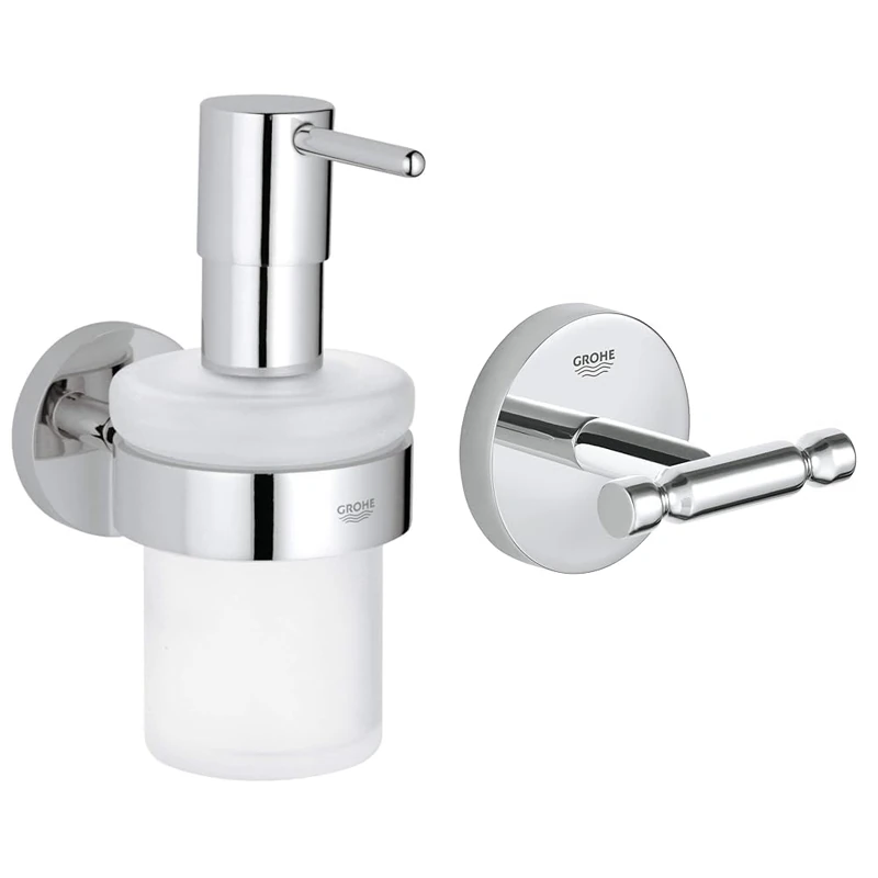 GROHE 40448001 Essentials Soap Dispenser with Silver Holder + GROHE 40461001 | Bau Cosmopolitan Robe Hook - chrome