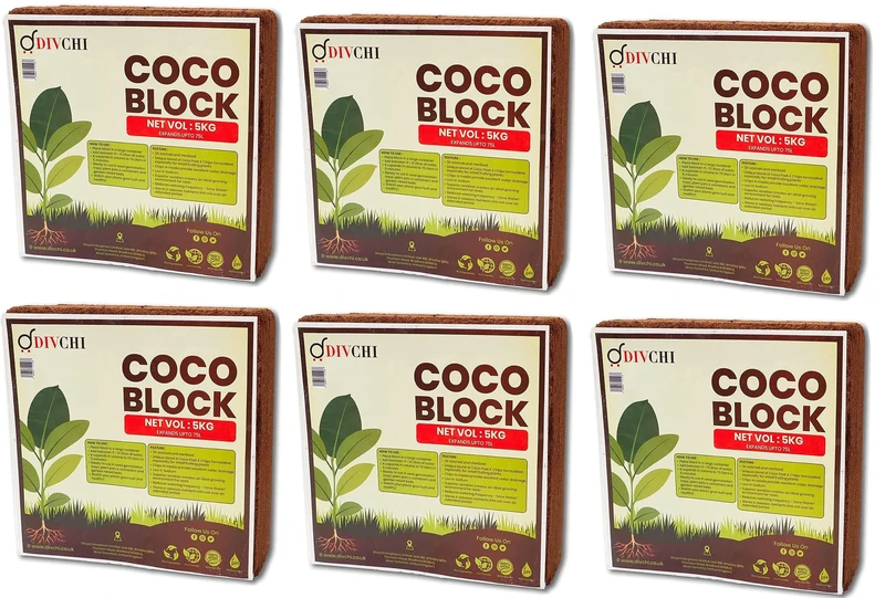 DIVCHI COCO BLOCK 6 X 5Kg (30kg) | ORGANIC | COCONUT FIBRE | 100% NATURAL | REPTILE FRIENDLY | PLANTING COCO SOIL | PH STABLE GROWING COMPOST I HIGH MOISTURE RETENTION I HEALTHY AERATION