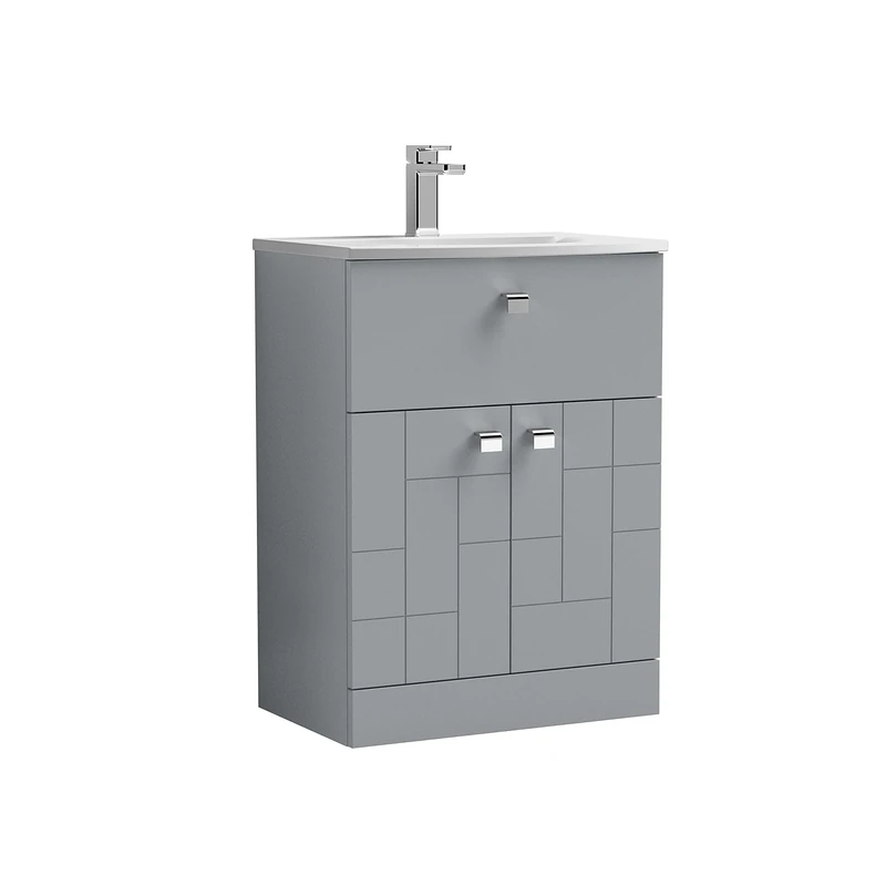nuie Modern Bathroom Floor Standing 2 Door 1 Drawer Vanity Unit with Curved Ceramic Basin with 30mm Profile, 600mm, Satin Grey