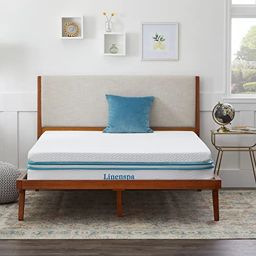 Linenspa Mattress Topper 150 x 190 cm Memory Shape | 7 cm Thickness | Cooling Gel and Washable Cover with Zip | Oeko-Tex | Double Size, White