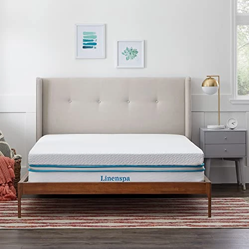 Linenspa Mattress Topper 140 x 200 cm Memory Shape | 10 cm Thickness | Cooling Gel and Washable Cover with Zip | Oeko-Tex | Double Size, White