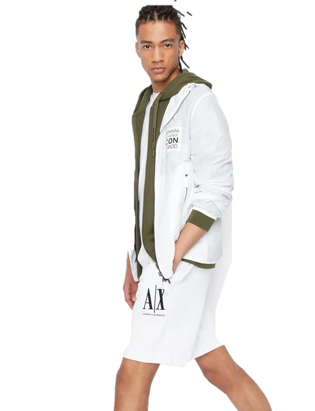 Armani Exchange Men's Embroidered Front Logo, Adjustable Drawstrings Casual Shorts, White, L