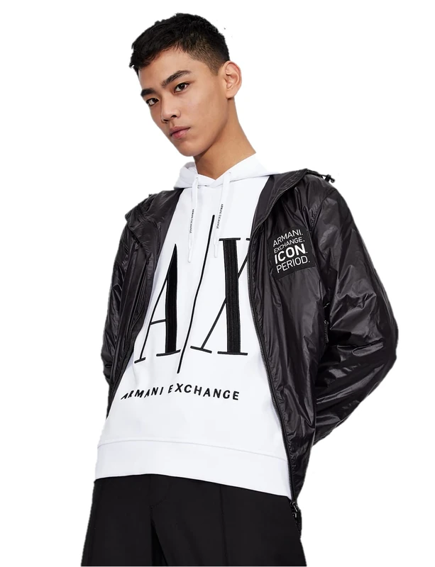 Armani Exchange Men's Hoodie, Maxi Print Logo on Front Sweatshirt, White, S