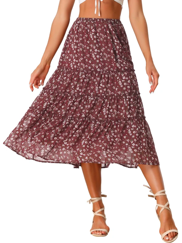 Allegra K Women's Floral Skirt Chiffon A-line Long Tiered Ruffle Boho Summer Midi Skirts, Brown, M - Image 1