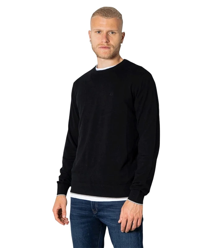 Armani Exchange Men's Crew Neck, Front Embroidered Ton Sur Ton Logo Sweater sweater, Black, M UK