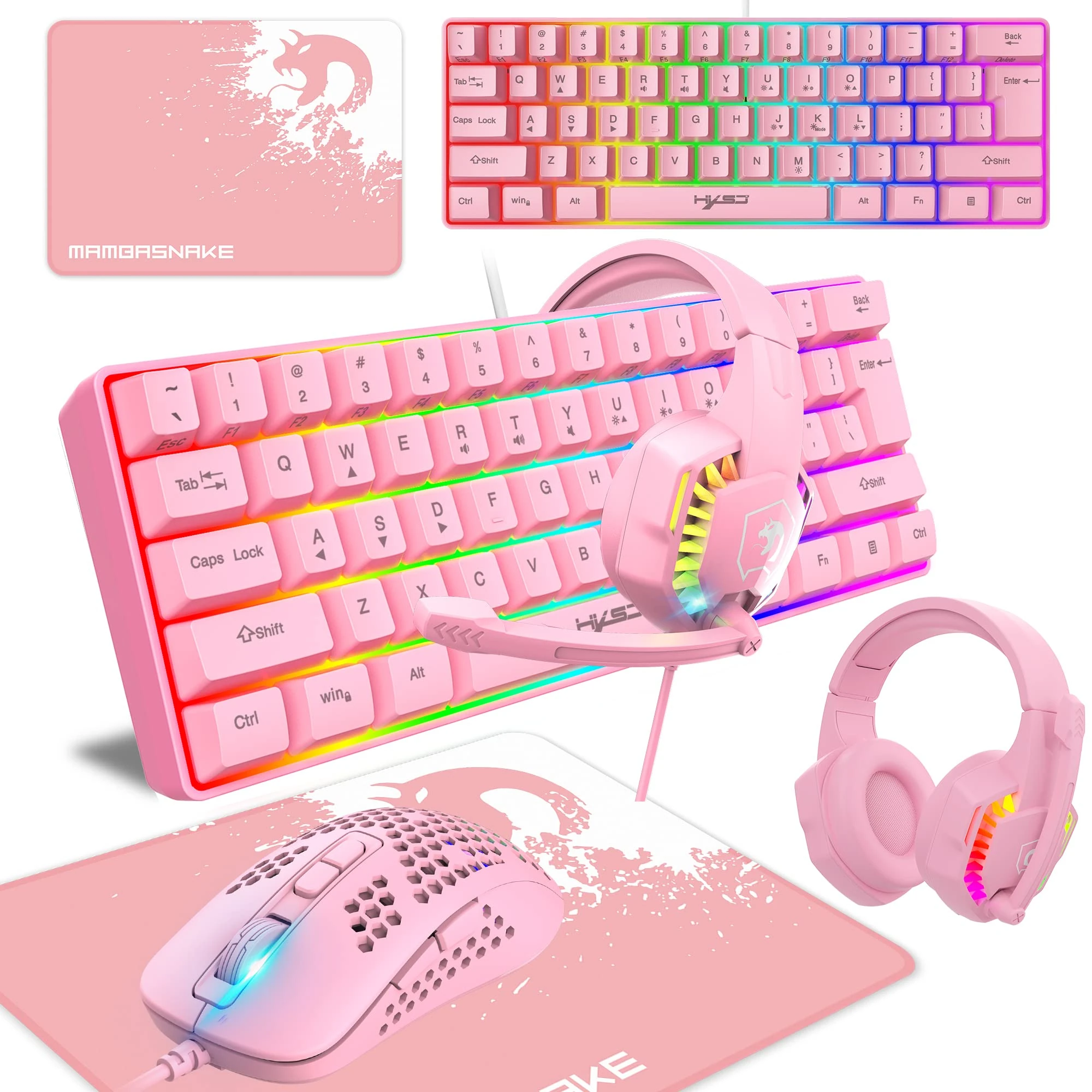 KUIYN Gaming Keyboard and Mouse Set, 60% Wired Compact Gaming Keyboard Mini 61 Keys 11 RGB Backlit Full Keys Anti-ghosting Wired Honeycomb Optical Model O Gaming Mouse RGB Headset Mouse Pad for Gamer