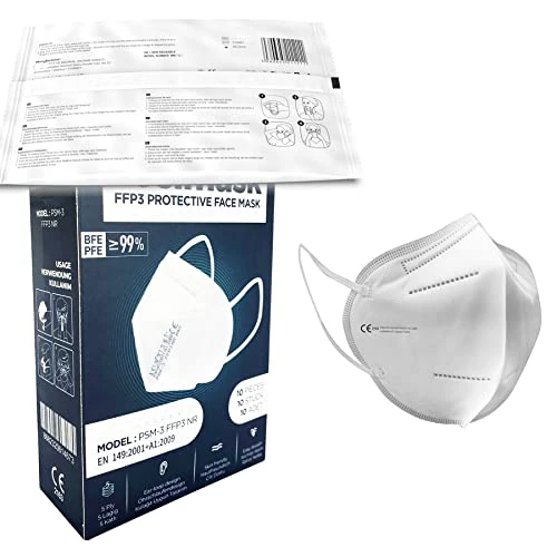 Ezy-Aid 10pk FFP3 Face Mask - Individually Wrapped | 99.43% High Filtration - 5 Layers | EN149 CE Certified | Hypoallergenic | Fluid Resistant | Ear Loops & Adaptable Nose Bridge | Box of 10
