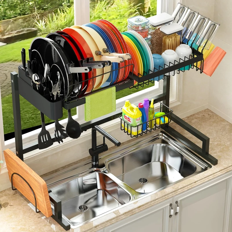 Fit Sink 24"- 41" L 2021 Adbiu Over The Sink Drying Rack (Expandable Dimension) Snap-On Design 2 Tier Large Dish Rack Stainless Steel Kitchen Countertop Organization and Storage