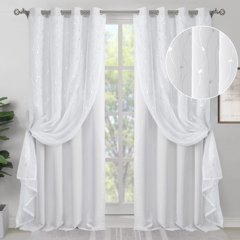 BGment White Blackout Curtains with Sheer Overlay, Double Layer Nursery Drapes Grommet Silver Printed Thermal Insulated Panels for Bedroom/Living/Kide Room, 2 Panels Each 52 x 84 Inch, Greyish White