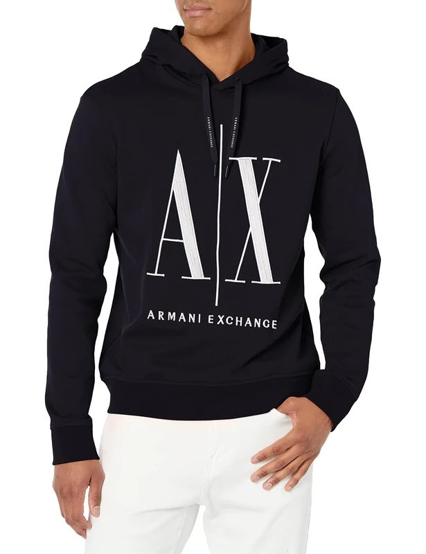Armani Exchange Men's Hoodie, Maxi Print Logo on Front Sweatshirt, Blue, XXL