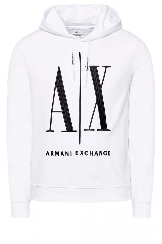 Armani Exchange Men's Hoodie, Maxi Print Logo on Front Sweatshirt, White, XXL