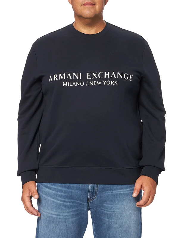 Armani Exchange mens Crew Neck, Front Extended Logo Sweatshirt, Navy, Extra Small