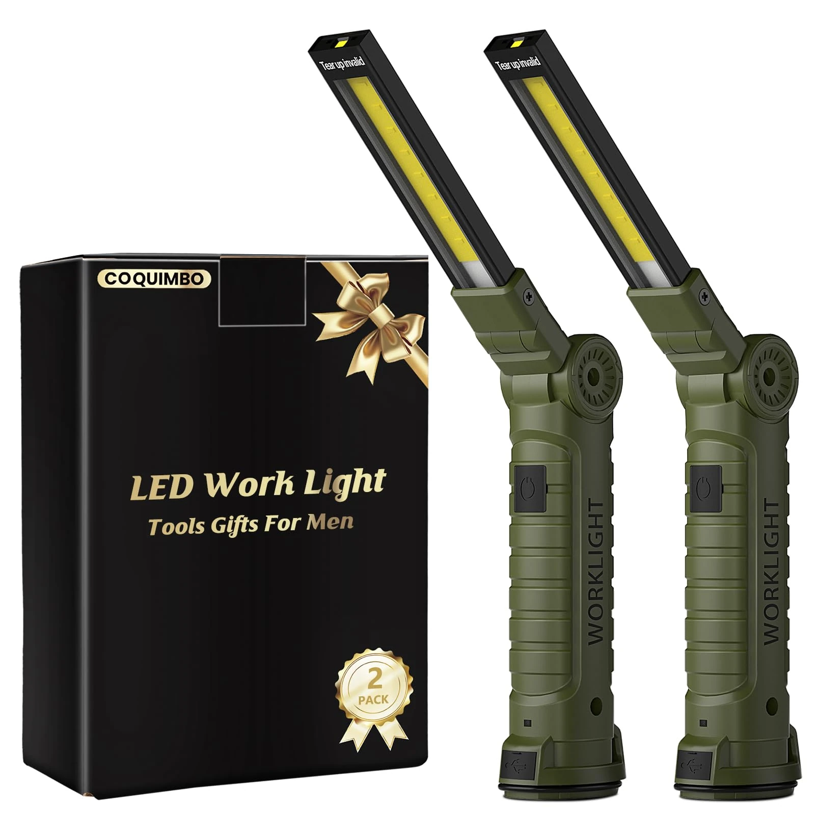 Coquimbo LED Work Light Rechargeable Torch, Gifts for Men Dad Inspection Lamp Light with Magnetic Base 360° Rotate Camping Grill Lights (2 Pack, Green)