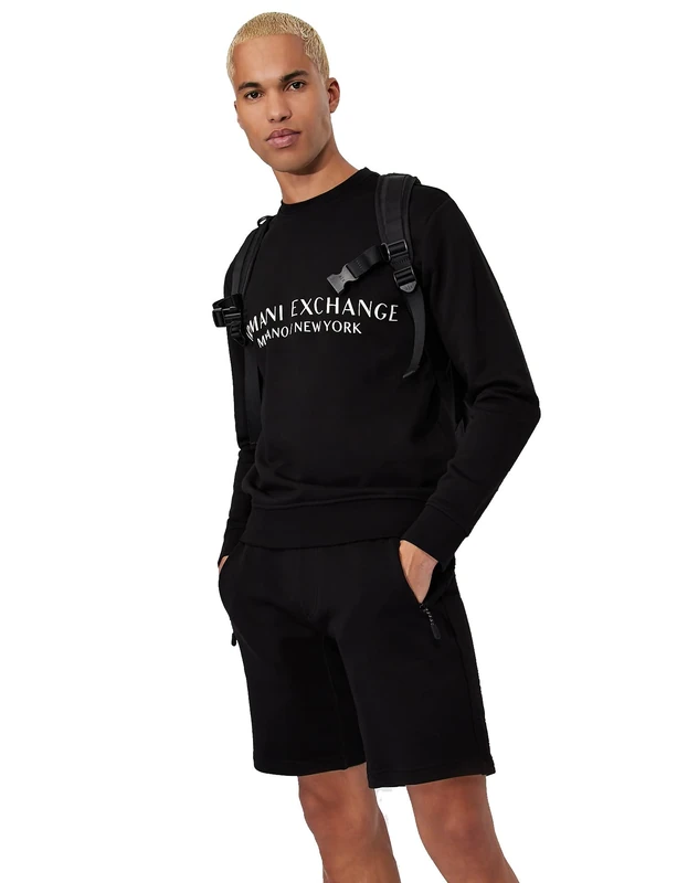 Armani Exchange Men's Crew Neck, Front Extended Logo Sweatshirt, Black, Extra Small