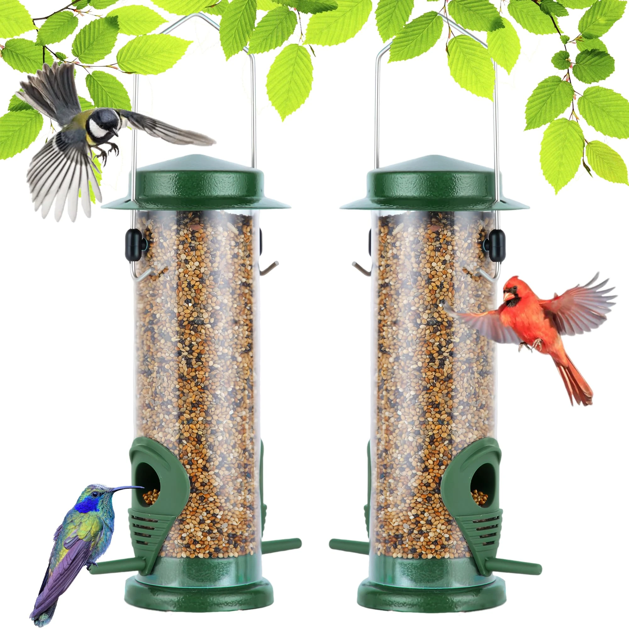 Bird Feeders Hanging Bird Feeder for Outdoor Metal Wild Bird Feeding Heavy Duty Squirrel Proof Bird Feeders 2 Packs-Green