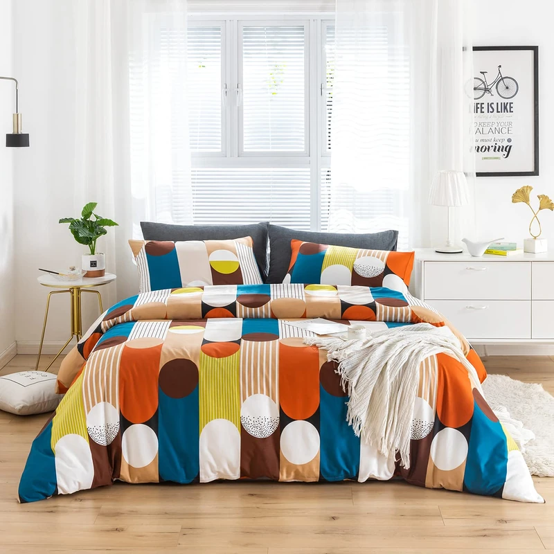 SUSYBAO Colorful Polka Dots Duvet Cover King 100% Cotton 3 Pieces Set 1 Blue and White Striped Duvet Cover with Zipper Ties 2 Pillowcases Brown Circle Geometric Bedding Set Soft Breathable