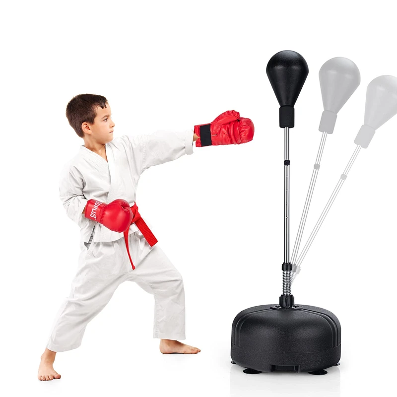 GYMAX Punching Ball with Adjustable Height Stand, Freestanding Boxing Ball with Boxing Gloves and 6 Suction Cup Base, Inflation-Free Punching Bag for Children & Teenagers & Adults (Black)