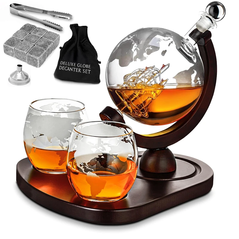 MikaMax - Globe Decanter Deluxe Set - Whiskey Decanter Set – Handcrafted Whiskey Set – Including 2 Whisky Globe Glasses - 850 ML – Transparent – Glass Decanter Set