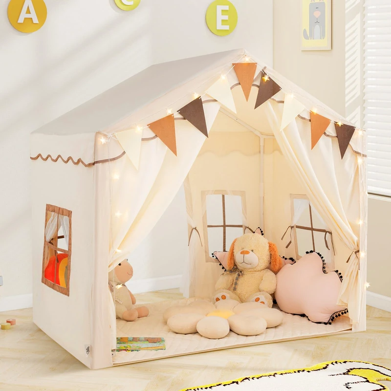 GYMAX Large Kids Tent, Play Tent with Cotton Mat, Star Lights, Flags, 2 Doors and Windows, Outdoor Indoor Children Playhouse for 3 Years Old+, 136x94x134cm (Beige)