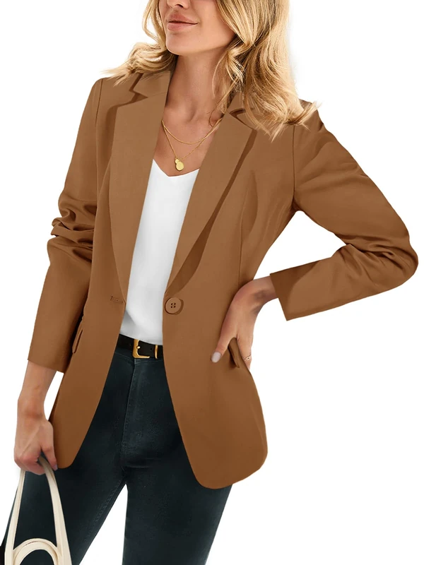 Cicy Bell Womens Casual Blazers Open Front Long Sleeve Work Office Suit Jackets Blazer, Brown, XS