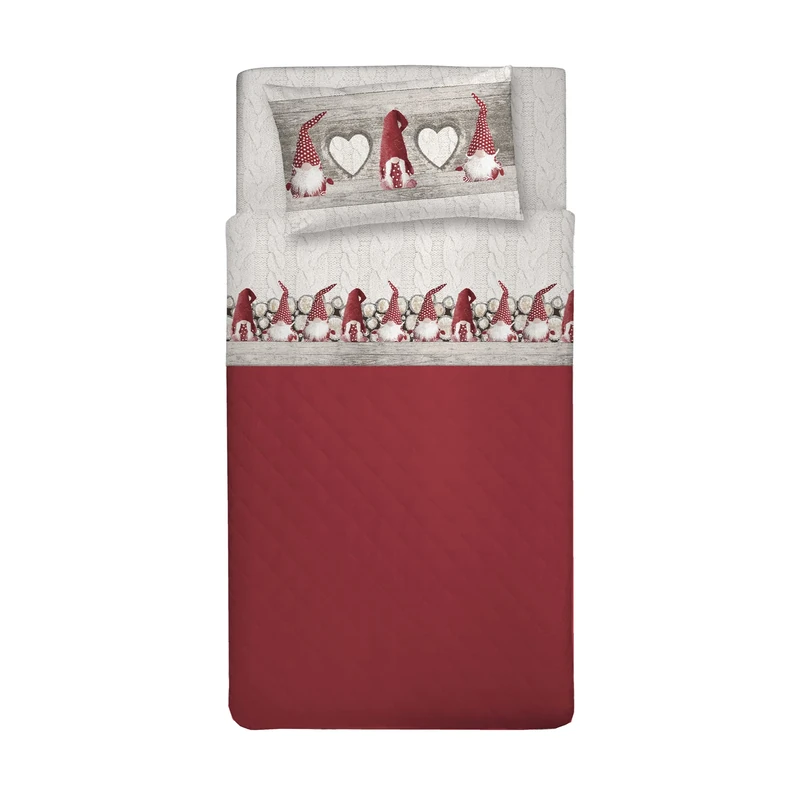PENSIERI DELICATI Single Bed Sheet Set, 100% Warm and Soft Cotton Flannel, 90 x 200 cm Single Bed Sheet Set, Includes Bottom Sheet, Top Sheet and 1 Pillowcase, Made in Italy, Red Gnome Pattern
