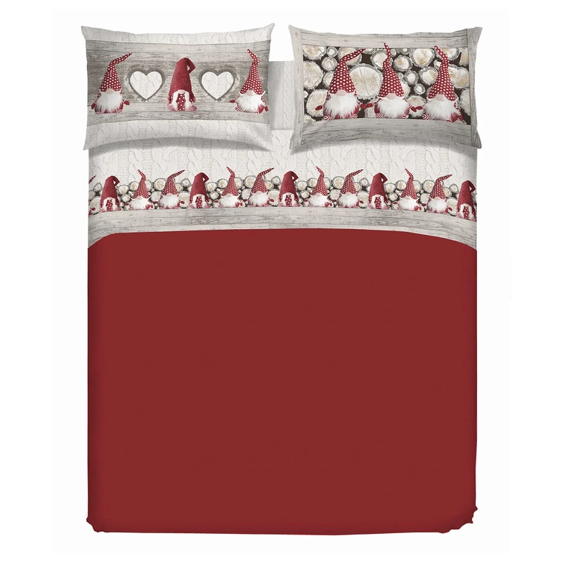 PENSIERI DELICATI Double Bed Sheet Set, Flannel, 100% Warm and Soft Cotton, Queen-size, Includes Bottom Sheet, Top Sheet and 2 Pillowcases, Made in Italy, Red Gnome Design