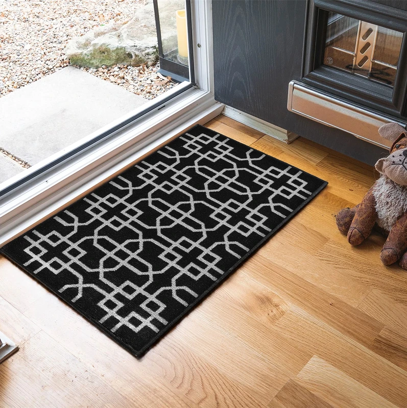 Washable Door Mat Kitchen Mats Non Slip Cubed Trellis Design Hall Runner- Indoor Door Mat - Hallway-Passage Corridor Doormats - Floor Mat Black-siam 160x220 cm
