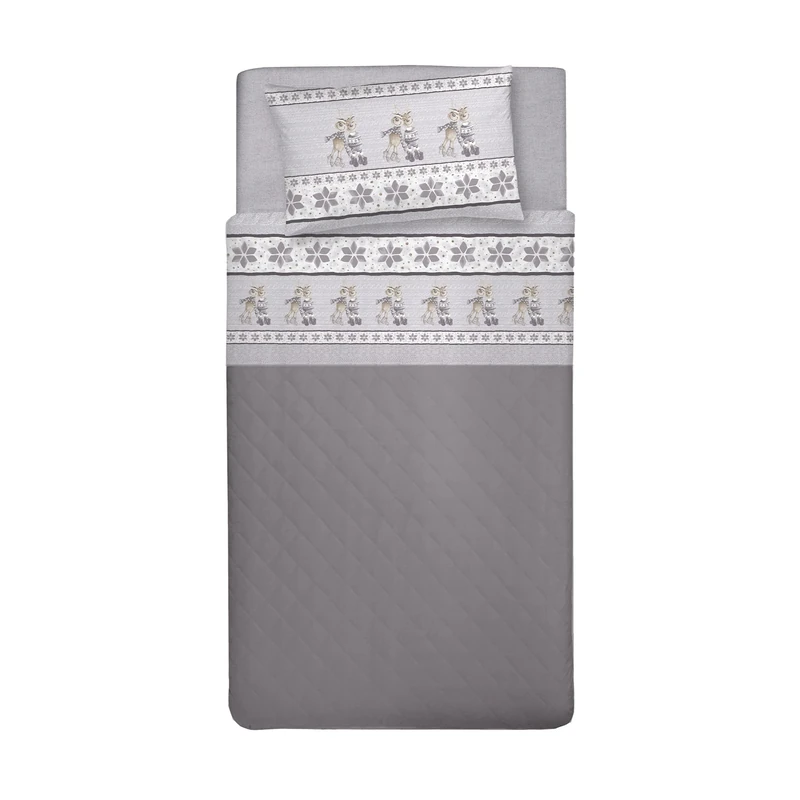 PENSIERI DELICATI Bed Set, 1 and a Half Square, Flannel 100% Cotton Warm and Soft, Bed Sheet Set 120 x 200 cm, Includes Sheet Under, Top and 1 Pillowcase, Made in Italy, Grey Reindeer Pattern