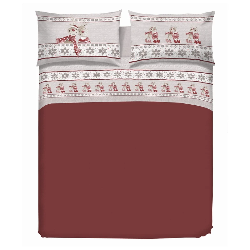 PENSIERI DELICATI Double Bed Set, Flannel, 100% Warm and Soft Cotton, Complete Bedding Set Made in Italy for Double 180 x 200 cm, Includes Bottom Sheet, Top and 2 Pillowcases, Red Reindeer Design
